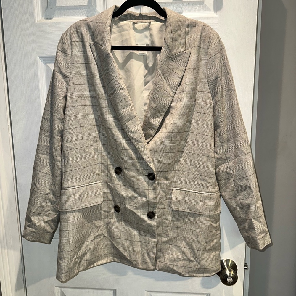 H&M Beige Plaid Double-Breasted Blazer